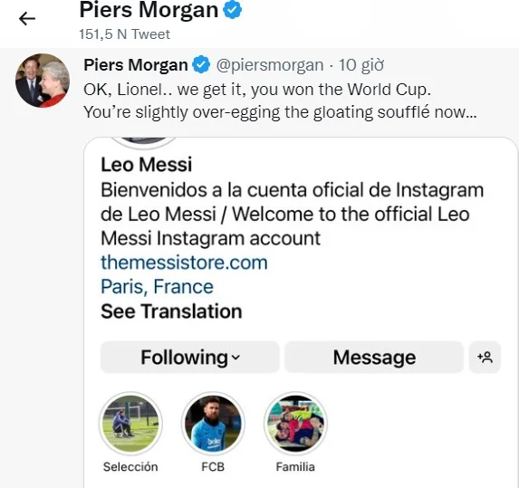 Piers Morgan chi trich Messi
