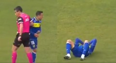 VIDEO: Vừa 'chạm nhẹ' trọng tài, cầu thủ bất ngờ lăn lộn ra sân 'ăn vạ'